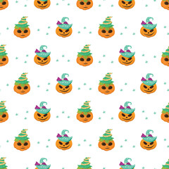 Pumpkin with green witch's hat seamless pattern background.
