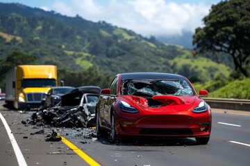Accident, chain reaction, multiple vehicles are involved in a series of crashes on a busy highway