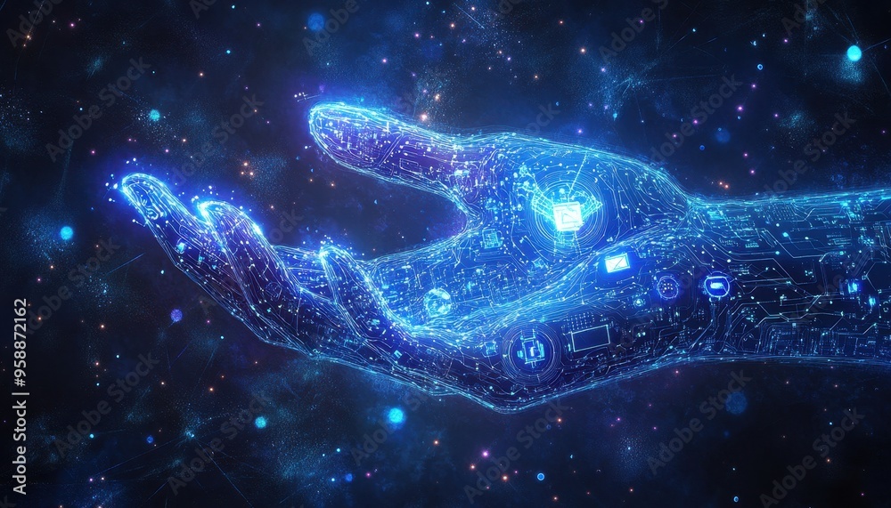 Poster illuminated cyberspace connection - abstract human hand with digital circuits and ai-driven patterns