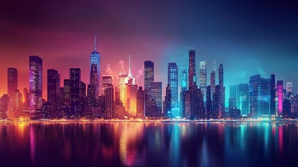 Fototapeta premium Futuristic urban skyline with bright, colorful lights and tall structures. Premium background for the latest technology needs. generative ai