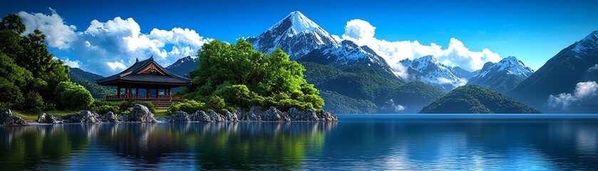 Fototapeta premium A serene mountain landscape reflecting in calm waters, surrounded by lush greenery and a tranquil pavilion.