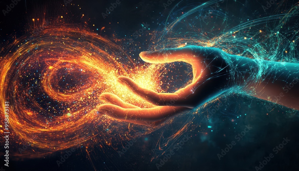 Poster digital connectivity: human hand with glowing fingertips in ai coding fusion