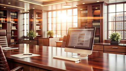Fototapeta premium Modern Legal Office with AI and Digital Case Management Systems - Cost-Efficient Transformation in Smart Business Tone | Flat Vector Illustration
