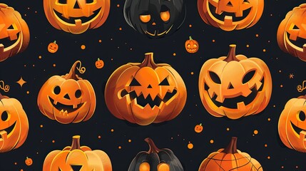 Halloween Jack-o'-Lantern Seamless Pattern with Black Background