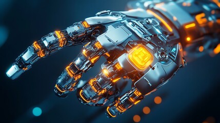 Close-up of a Futuristic Robotic Hand with Glowing Orange Lights