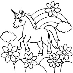 Unicorn in a field of rainbow flowers