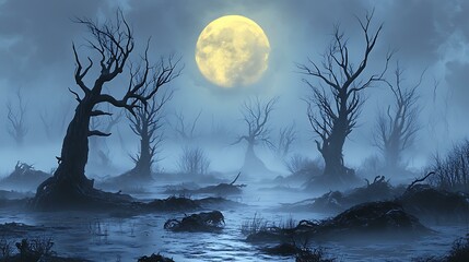 Fototapeta premium A fog-covered swamp with twisted, bare trees and a glowing full moon