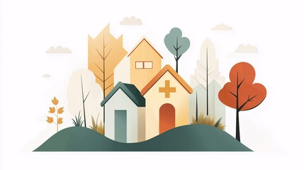 Autumn Village Harmony: A serene illustration of a cozy village nestled amongst colorful autumn foliage, radiating tranquility and warmth.