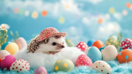 Obraz premium Cute baby hedgehog with balloons Cute baby animals. Baby animals created by AI.