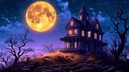 A haunted house on a hill with a glowing full moon in the background