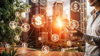 Fototapeta premium Streamlining Fintech Costs with AI: Flat Vector Illustration of Dollar Path Concept, Smart Business Tone