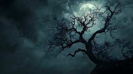 A spooky tree with twisted branches silhouetted against a moonlit sky