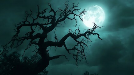 A spooky tree with twisted branches silhouetted against a moonlit sky