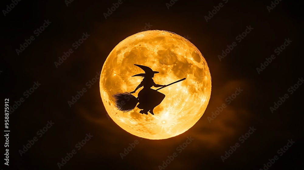 Wall mural a witch flying on a broomstick silhouetted against a full moon
