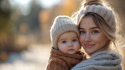 Obraz premium mother holding her little baby son wearing knitted sweater during walk in nature looking at camera