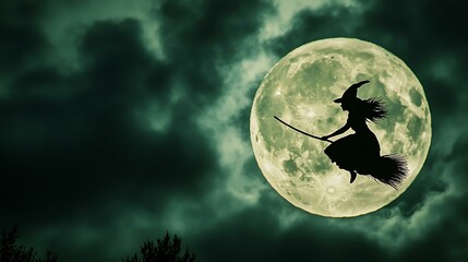 A witch flying on a broomstick silhouetted against a full moon