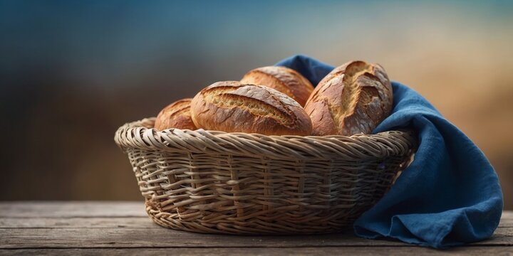 A basket of bread with a blue cloth underneath it.
