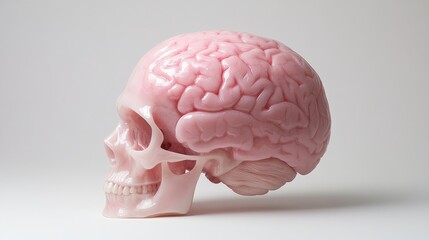 A pink brain is sitting on top of a white skull