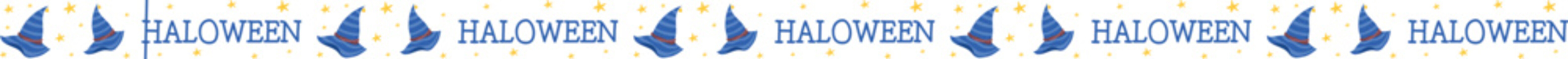 Blue witch hat line border illustration on transparent background.
