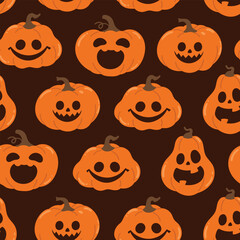Happy Halloween day Jack o lantern seamless pattern. Spooky wallpaper of orange pumpkin in different spooky faces. Creepy jack o lantern illustration for fabric, tile, wrapping, poster, sticker.