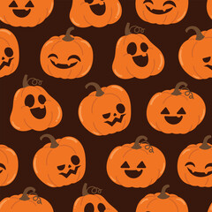 Happy Halloween day Jack o lantern seamless pattern. Spooky wallpaper of orange pumpkin in different spooky faces. Creepy jack o lantern illustration for fabric, tile, wrapping, poster, sticker.
