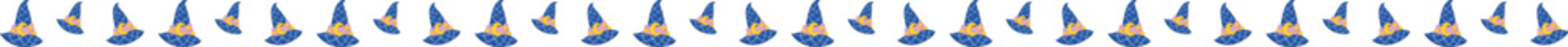 Blue witch hat line border illustration on transparent background.
