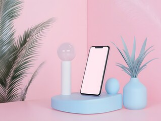 Stylish phone mockup with minimalistic decor in pastel colors on a modern tabletop.