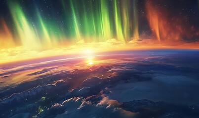 Aurora Borealis Over Earth's Mountains at Sunrise