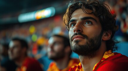 Naklejka premium nervous football fans supproting spanish national team in live soccer match at stadium