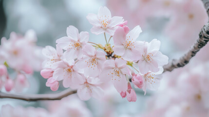 Obraz premium blooming tree in the snow, snowflakes falling on soft pink flowers, blurred gray background