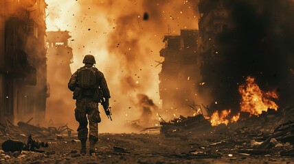 Obraz premium Infantryman walking through a fiery battlefield, smoke and explosions in background, cinematic atmosphere