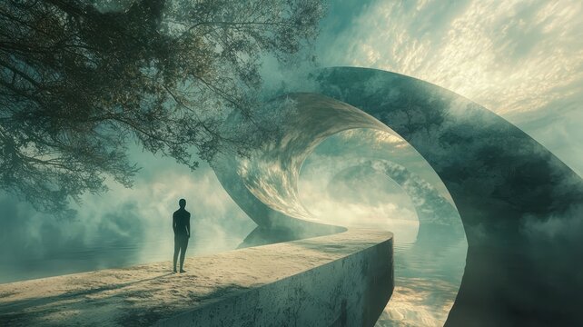 Frame suited individual navigating a surreal landscape of blended reality and virtual elements creating a unique and contemplative experience
