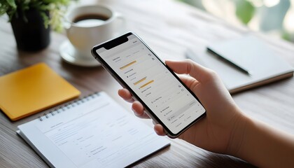 Person Holding Smartphone with Financial App Open on a Table