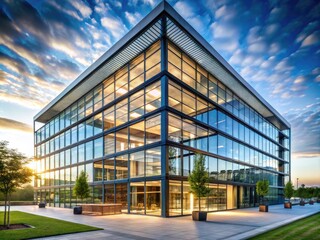 Contemporary office building exterior featuring expansive glass facade, sleek metal framework, and minimalist design elements, bathed in warm natural light.