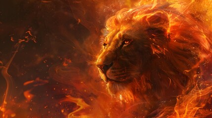 Furious lion head with fire roaring on dark background with space for text