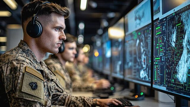 A military officer concentrates on studying a detailed map on a computer screen