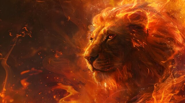 Furious lion head with fire roaring on dark background with space for text