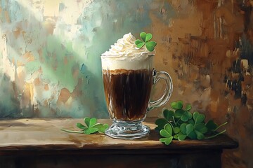 Irish Coffee with Whipped Cream and Shamrocks.