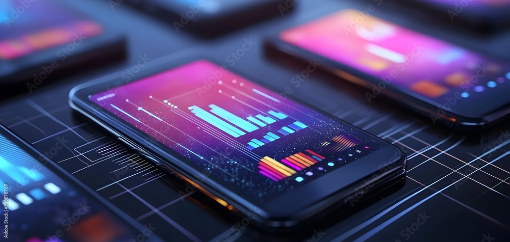 Poster colorful smartphone screens displaying digital graphs and statistics, representing data analysis in 