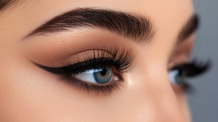 Obraz premium A detailed shot of a woman's eyes with dramatic smoky eye makeup, featuring perfectly blended eyeshadow, winged eyeliner, and voluminous lashes.