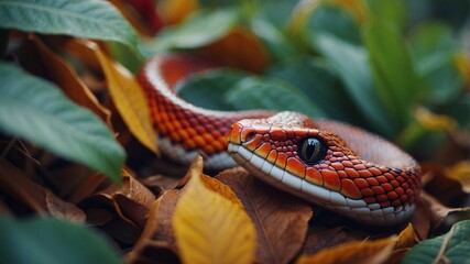 Obraz premium A colorful snake is curled up in the leaves.
