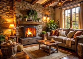 Cozy Living Room Featuring A Rustic Wood Burner, Plush Seating, Warm Lighting, And Decor Accents That Create An Inviting And Serene Atmosphere.