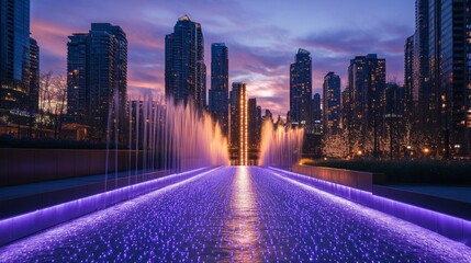 Cityscape with Illuminated Fountain at Sunset
