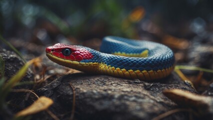Fototapeta premium A colorful snake with a blue head and red and yellow body.