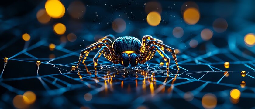 A detailed image of a spider on a luminous web, showcasing intricate patterns and glowing accents in a dark, immersive setting.