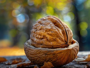 A cracked walnut shell with the nut inside, sitting on a wooden surface with autumn leaves and a bokeh background.