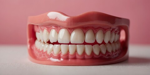 Obraz premium A model of a mouth with fake teeth and a pink background.