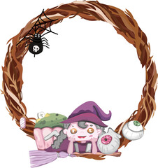 Halloween wreath with cartoon witch illustration on transparent background.
