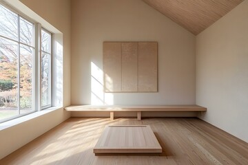 Obraz premium Minimalist Japanese Style Room Interior Design With Wood Floor And Wooden Bench
