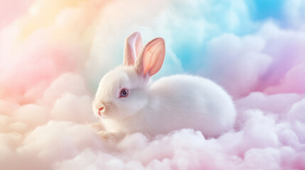 A rabbit floating among fluffy clouds in a pastel-colored sky, with soft sunlight and a dreamy ambiance, evoking a sense of calm and wonder.